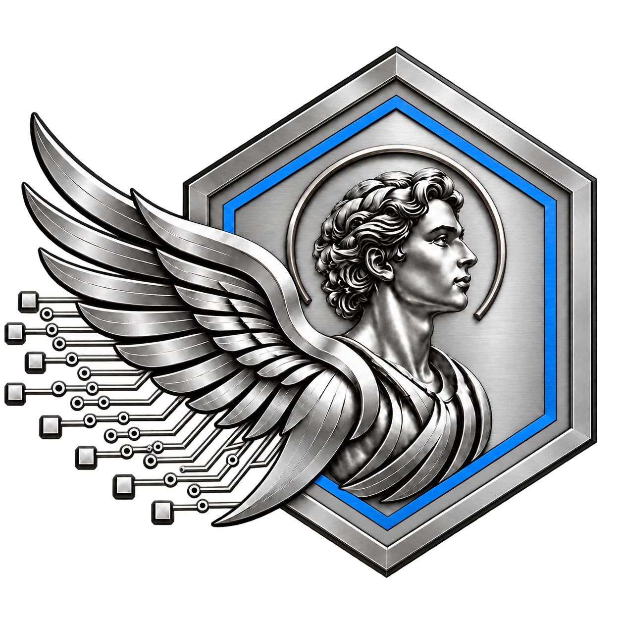 Cherubyte silver cherub and circuit emblem with a blue shield outline